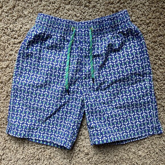 J. Crew Crewcuts Boys Swim Trunks Anchor Print Size 10 Blue Green White Nautical - Picture 1 of 10